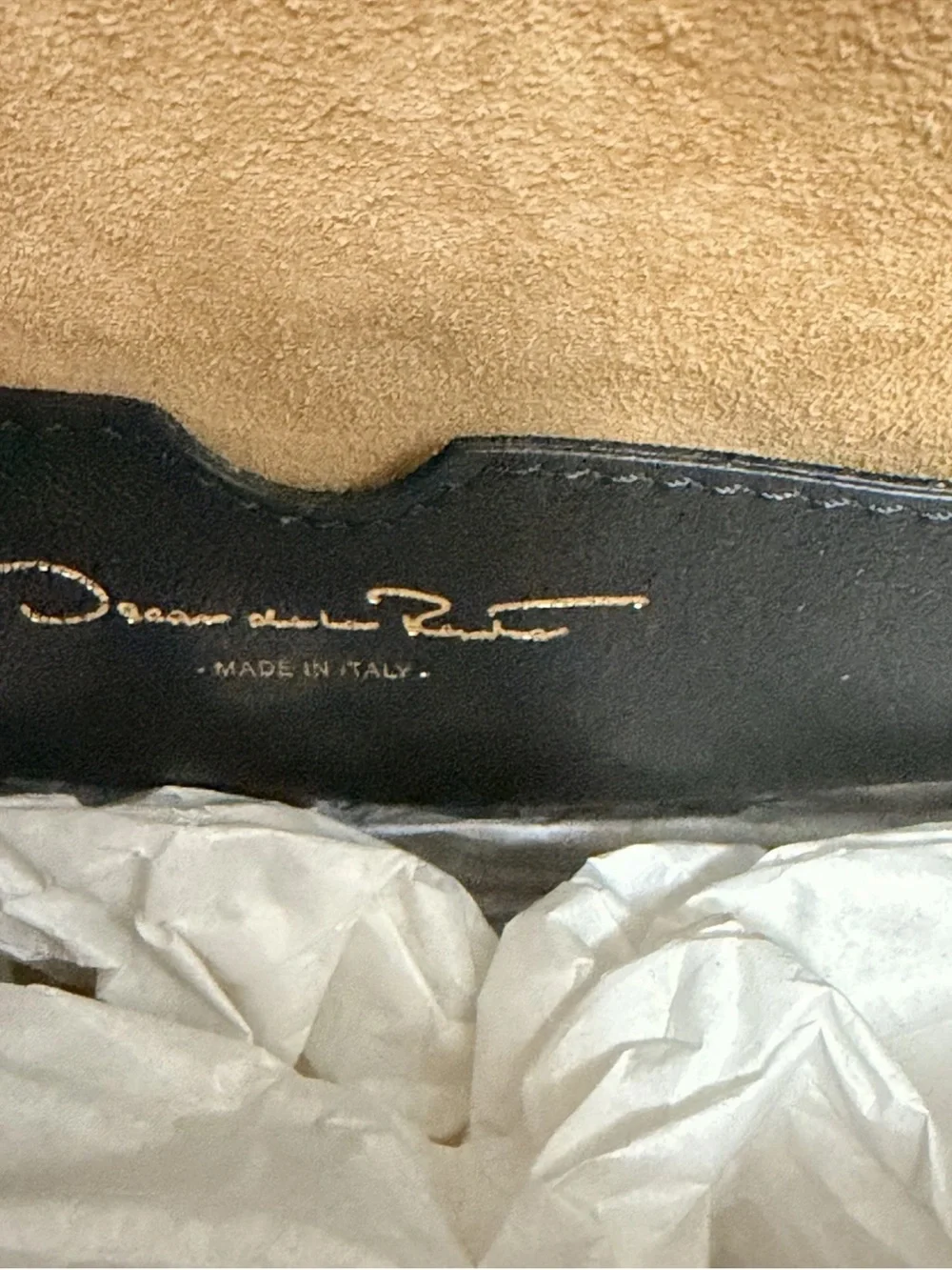 Oscar de la Renta Tan Satchel with Black Appliqué